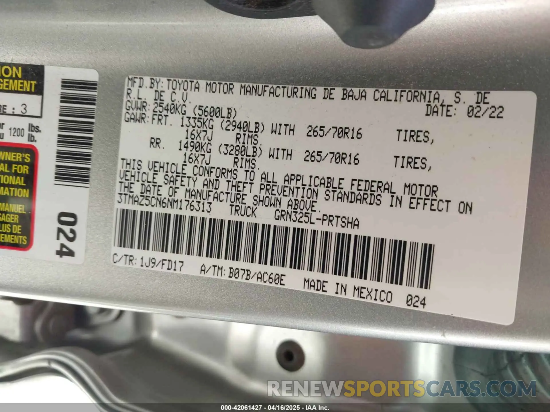 9 fotografías del automóvil dañado 3TMAZ5CN6NM176313 TOYOTA TACOMA 2022