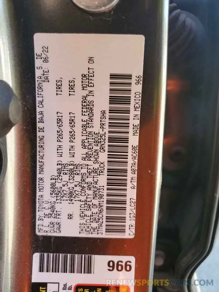12 fotografías del automóvil dañado 3TMAZ5CN6NM190731 TOYOTA TACOMA 2022