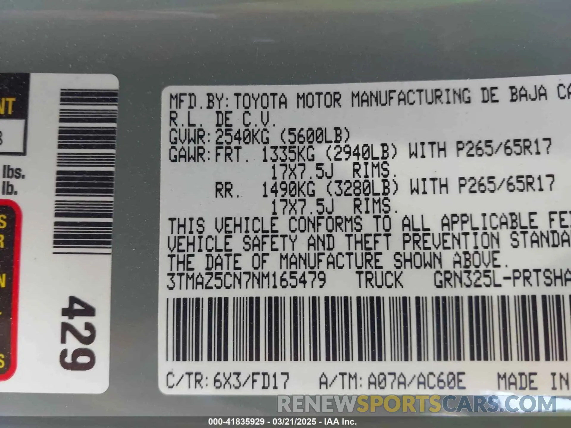 9 fotografías del automóvil dañado 3TMAZ5CN7NM165479 TOYOTA TACOMA 2022