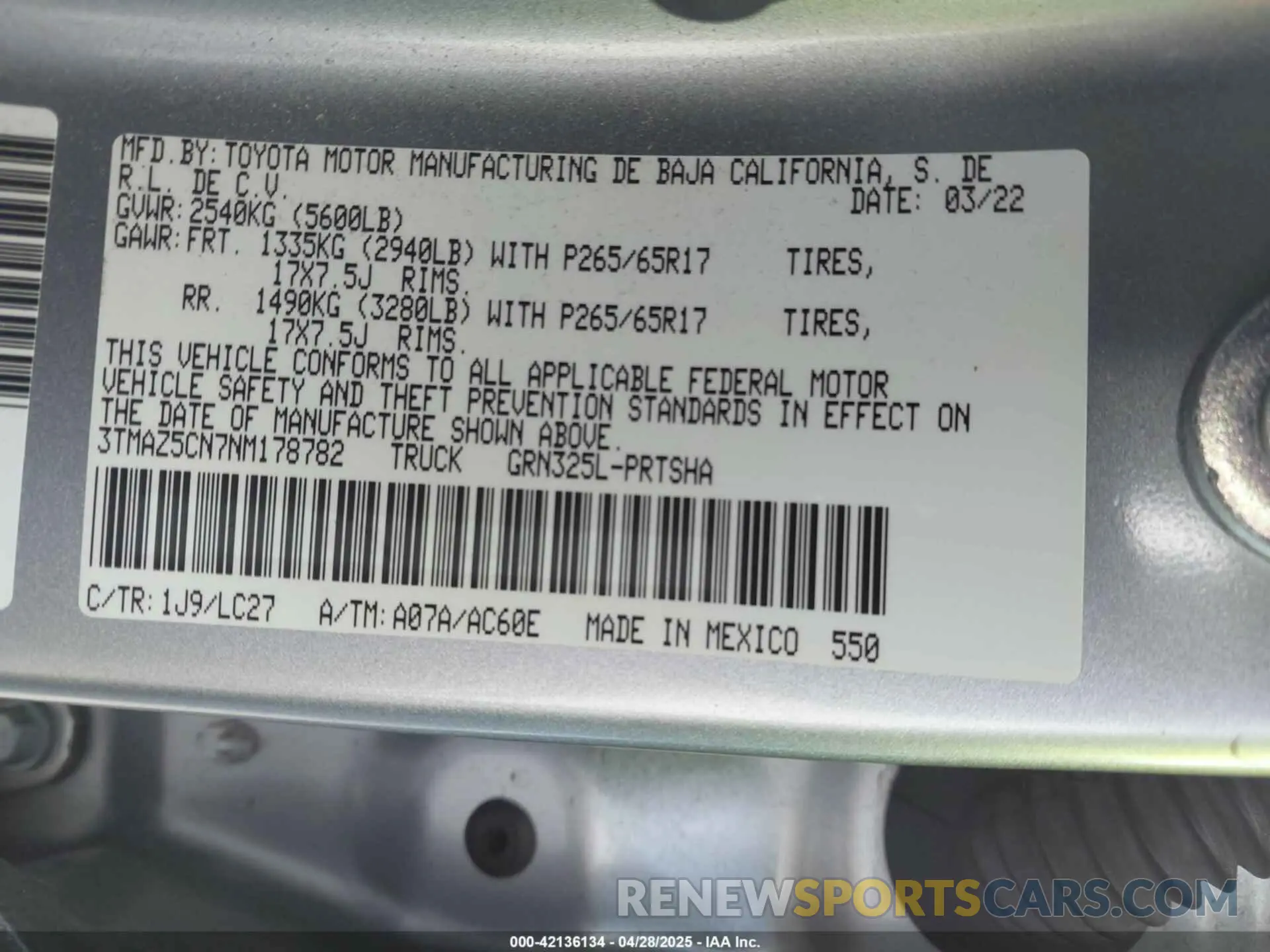 9 fotografías del automóvil dañado 3TMAZ5CN7NM178782 TOYOTA TACOMA 2022