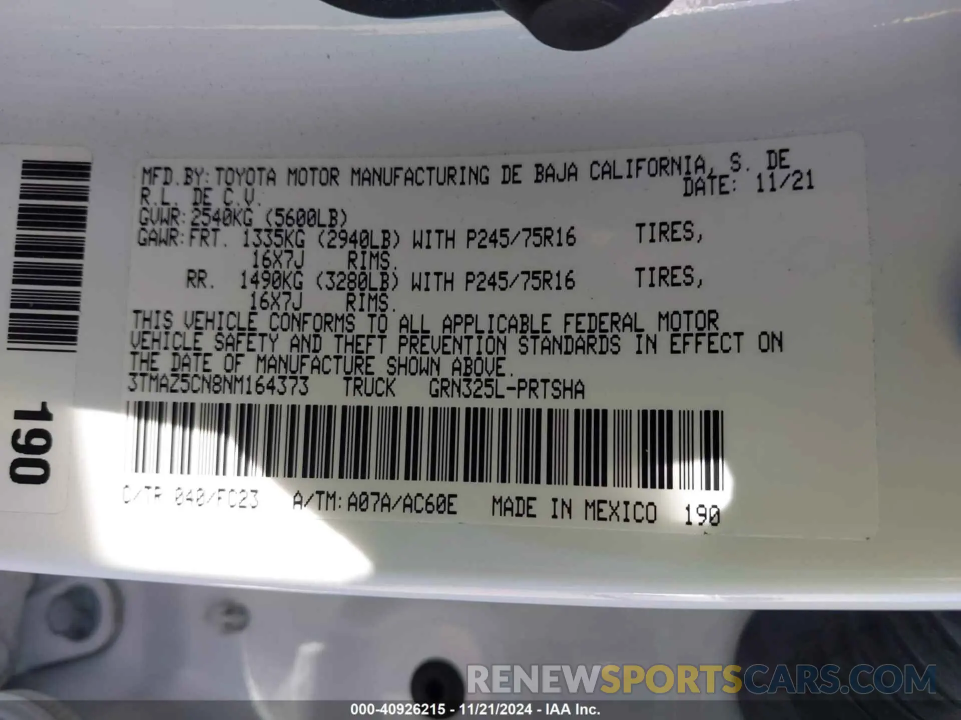9 fotografías del automóvil dañado 3TMAZ5CN8NM164373 TOYOTA TACOMA 2022