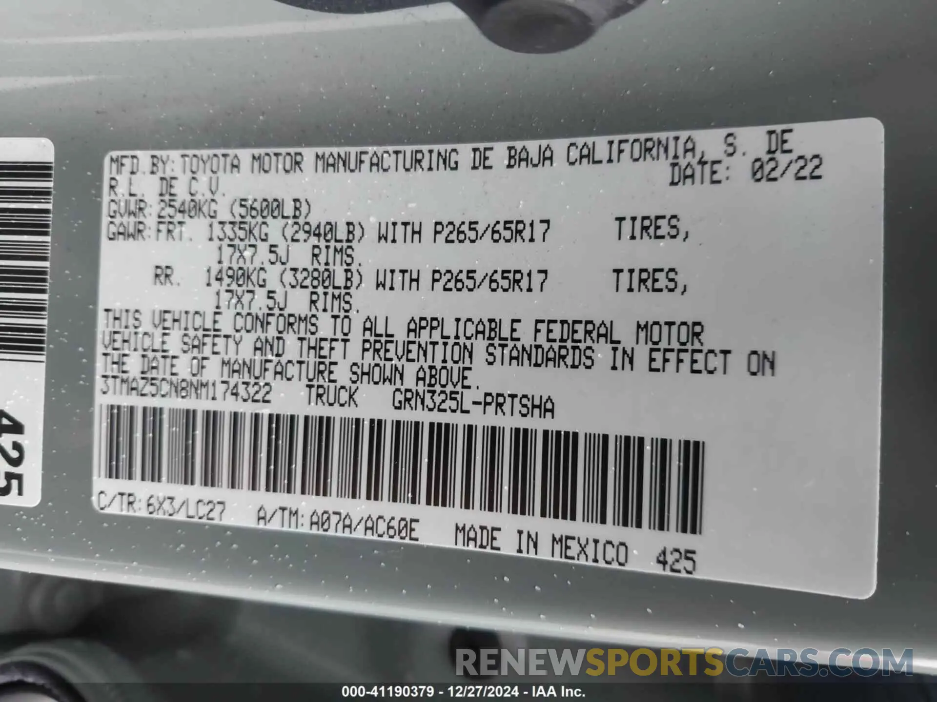 9 fotografías del automóvil dañado 3TMAZ5CN8NM174322 TOYOTA TACOMA 2022