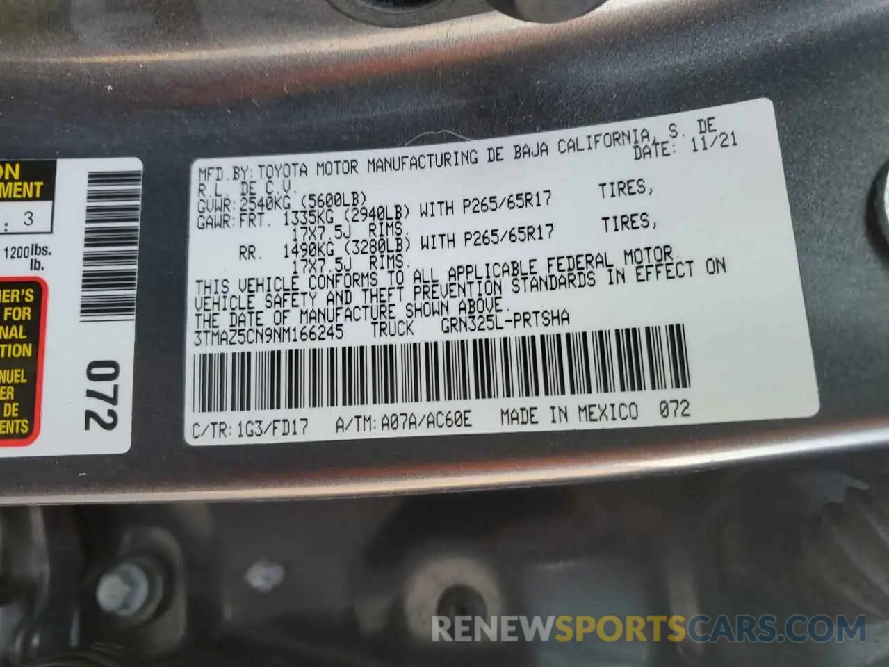 12 fotografías del automóvil dañado 3TMAZ5CN9NM166245 TOYOTA TACOMA 2022