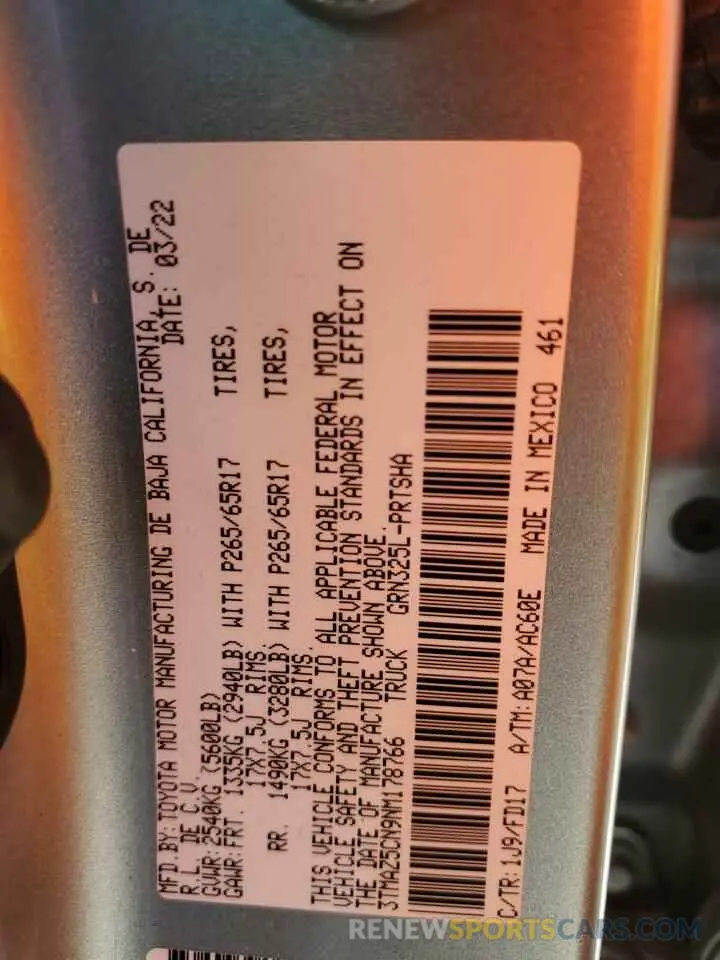 12 fotografías del automóvil dañado 3TMAZ5CN9NM178766 TOYOTA TACOMA 2022