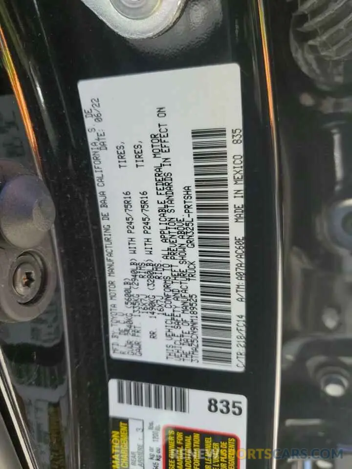 12 fotografías del automóvil dañado 3TMAZ5CN9NM189525 TOYOTA TACOMA 2022