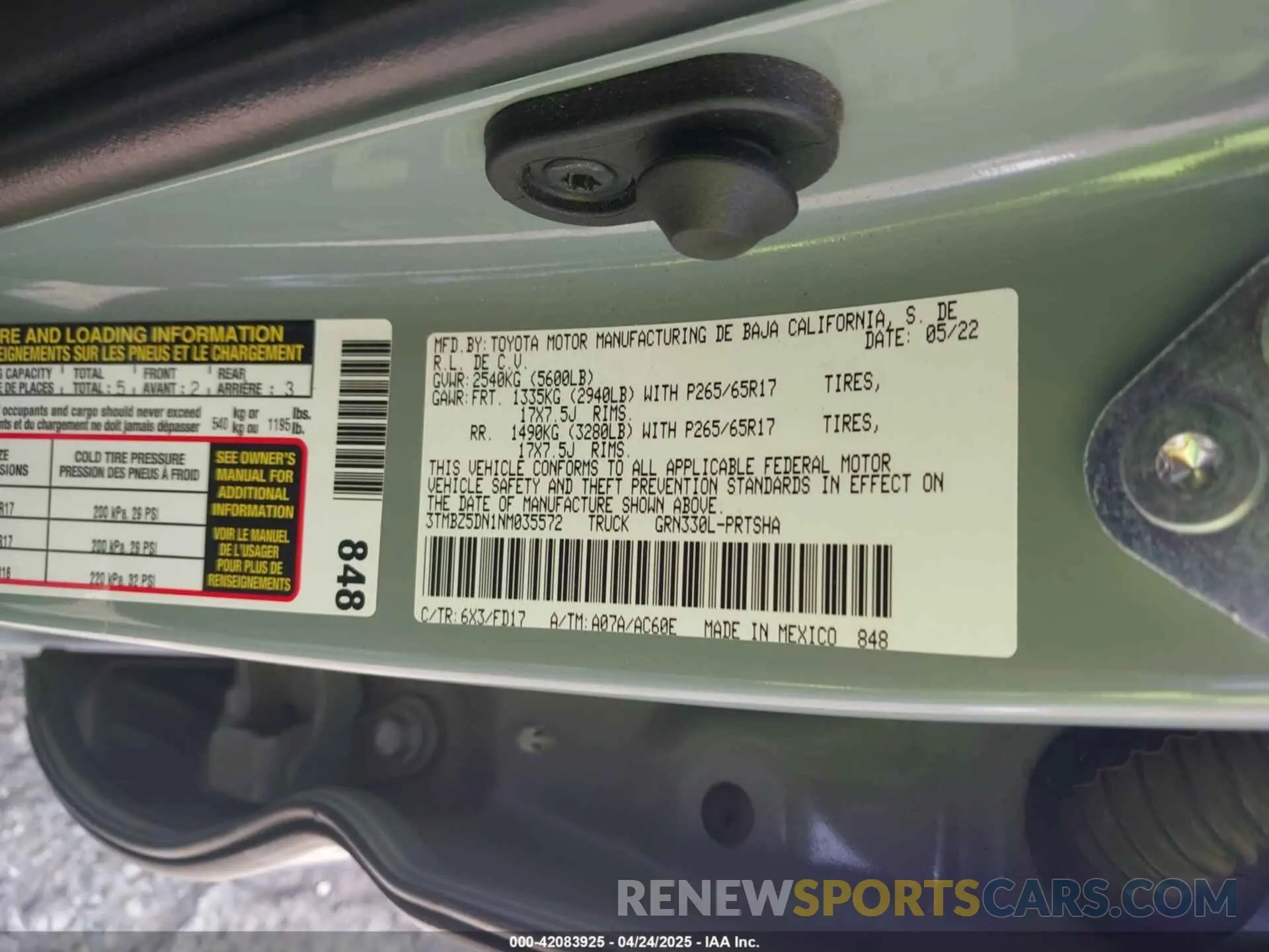 9 fotografías del automóvil dañado 3TMBZ5DN1NM035572 TOYOTA TACOMA 2022