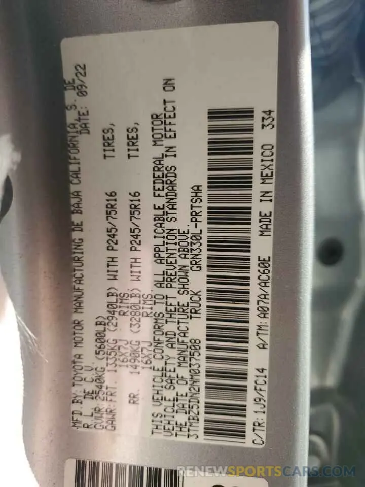 12 fotografías del automóvil dañado 3TMBZ5DN2NM037508 TOYOTA TACOMA 2022