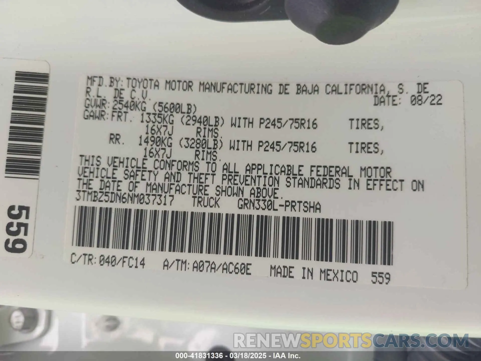 9 fotografías del automóvil dañado 3TMBZ5DN6NM037317 TOYOTA TACOMA 2022