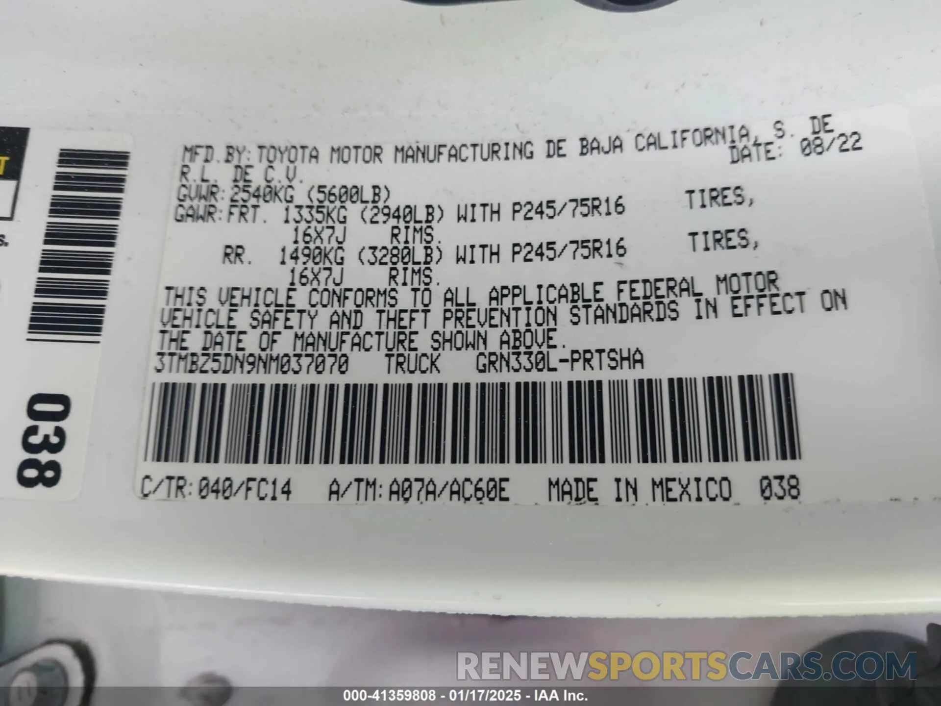 9 fotografías del automóvil dañado 3TMBZ5DN9NM037070 TOYOTA TACOMA 2022