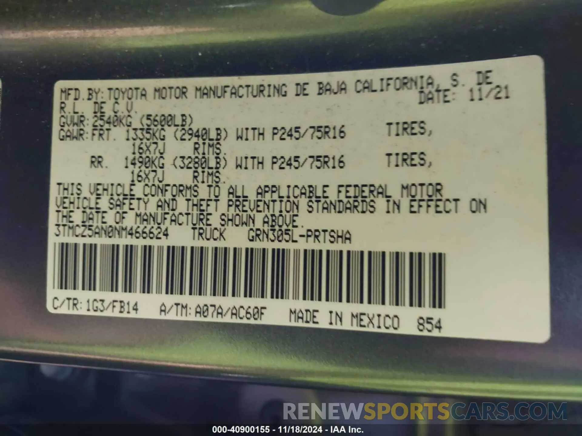 9 fotografías del automóvil dañado 3TMCZ5AN0NM466624 TOYOTA TACOMA 2022