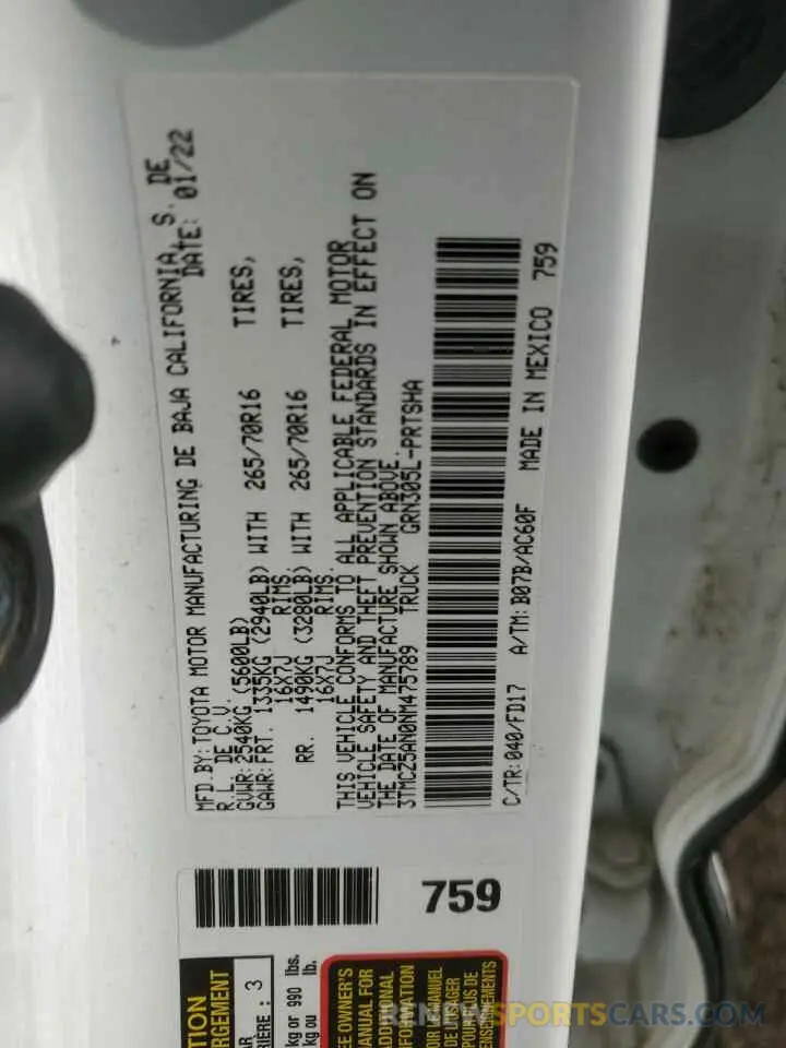 12 fotografías del automóvil dañado 3TMCZ5AN0NM475789 TOYOTA TACOMA 2022