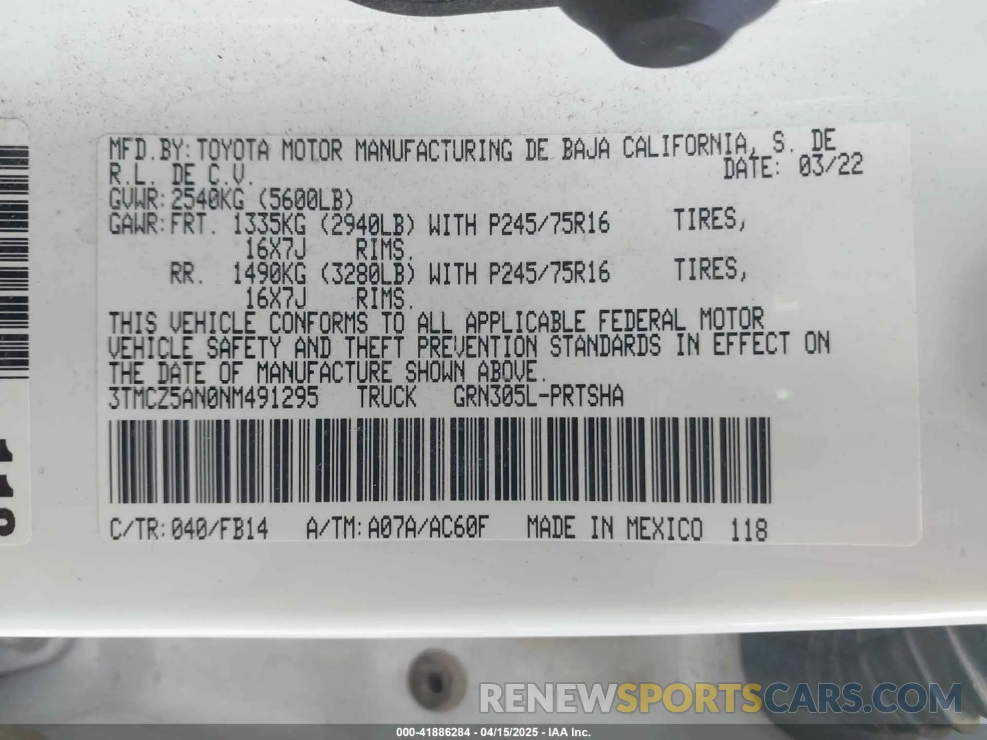 9 fotografías del automóvil dañado 3TMCZ5AN0NM491295 TOYOTA TACOMA 2022