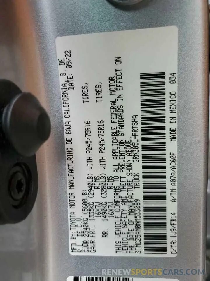 12 fotografías del automóvil dañado 3TMCZ5AN0NM533089 TOYOTA TACOMA 2022