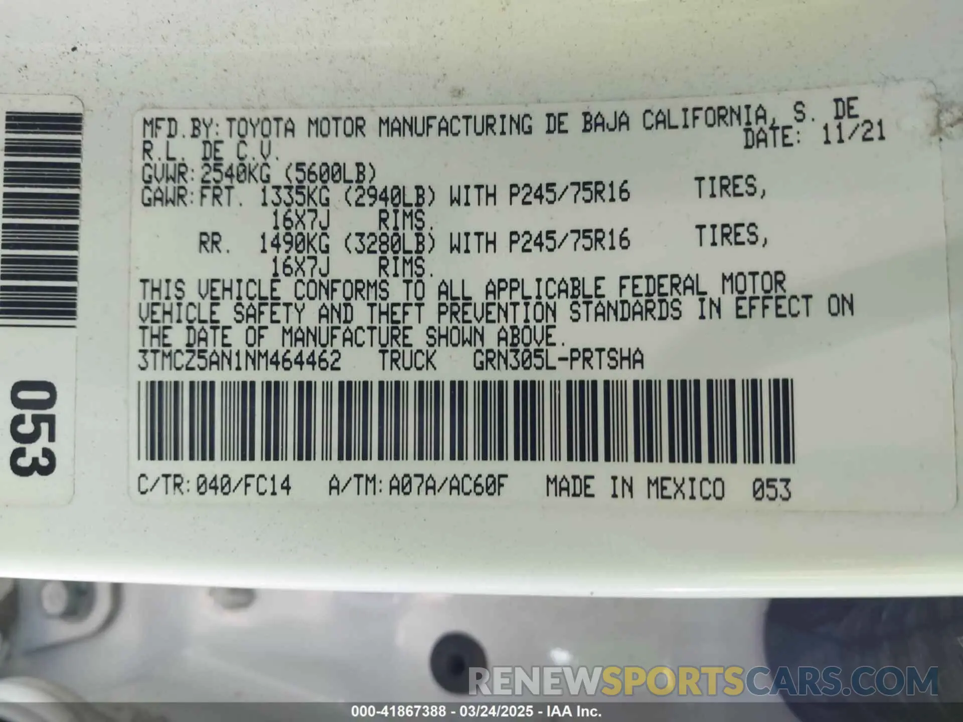 9 fotografías del automóvil dañado 3TMCZ5AN1NM464462 TOYOTA TACOMA 2022