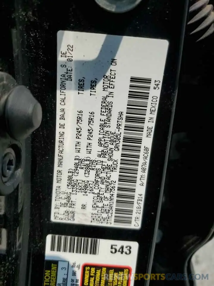 12 fotografías del automóvil dañado 3TMCZ5AN1NM475672 TOYOTA TACOMA 2022