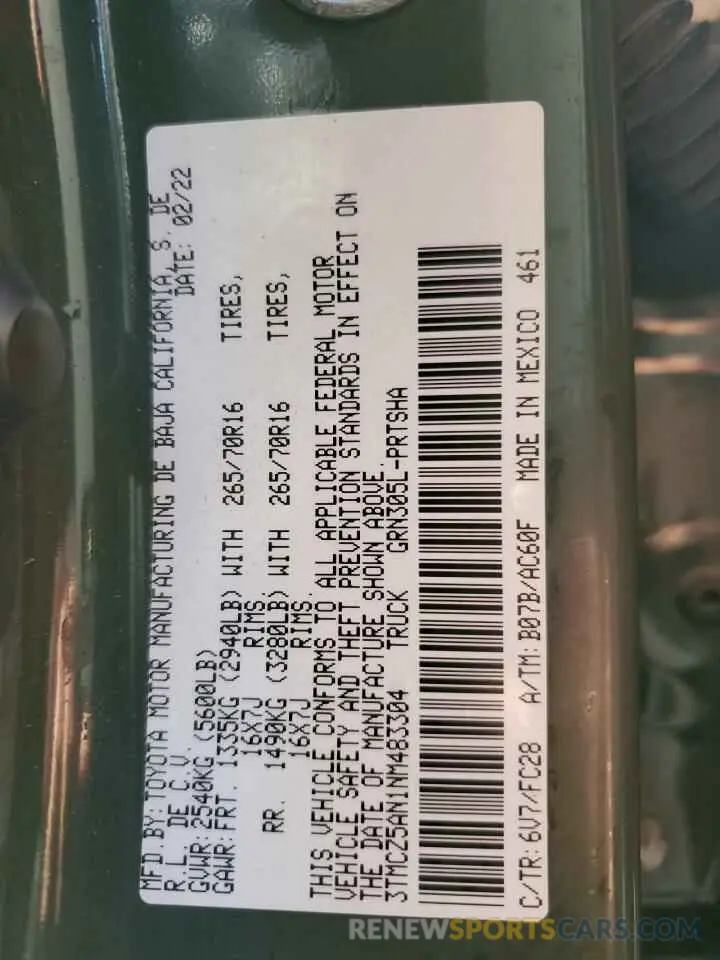 12 fotografías del automóvil dañado 3TMCZ5AN1NM483304 TOYOTA TACOMA 2022