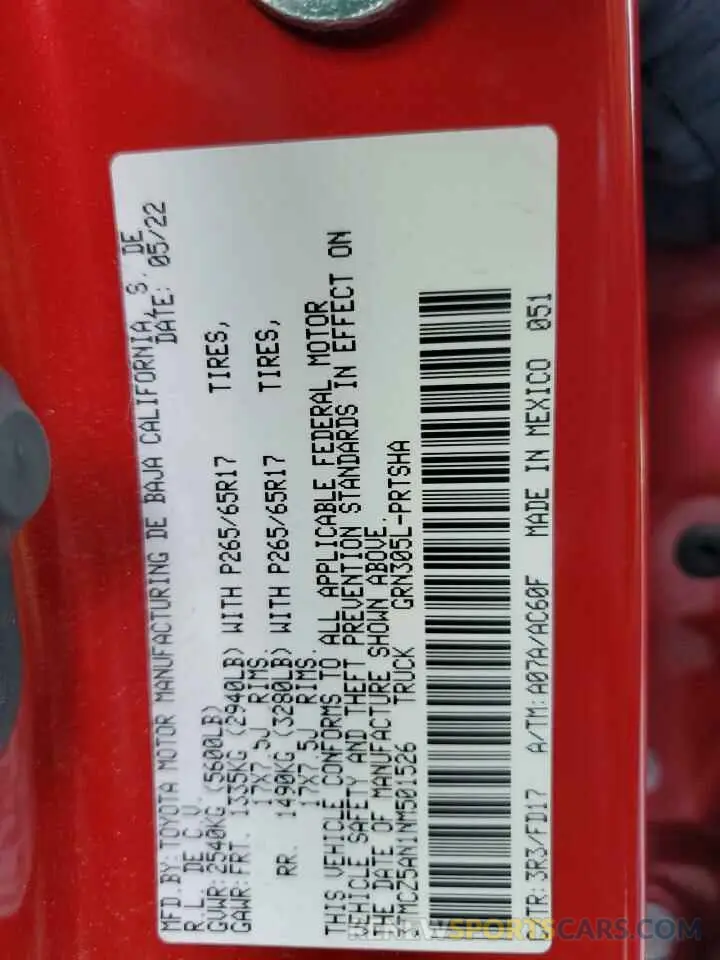 12 fotografías del automóvil dañado 3TMCZ5AN1NM501526 TOYOTA TACOMA 2022