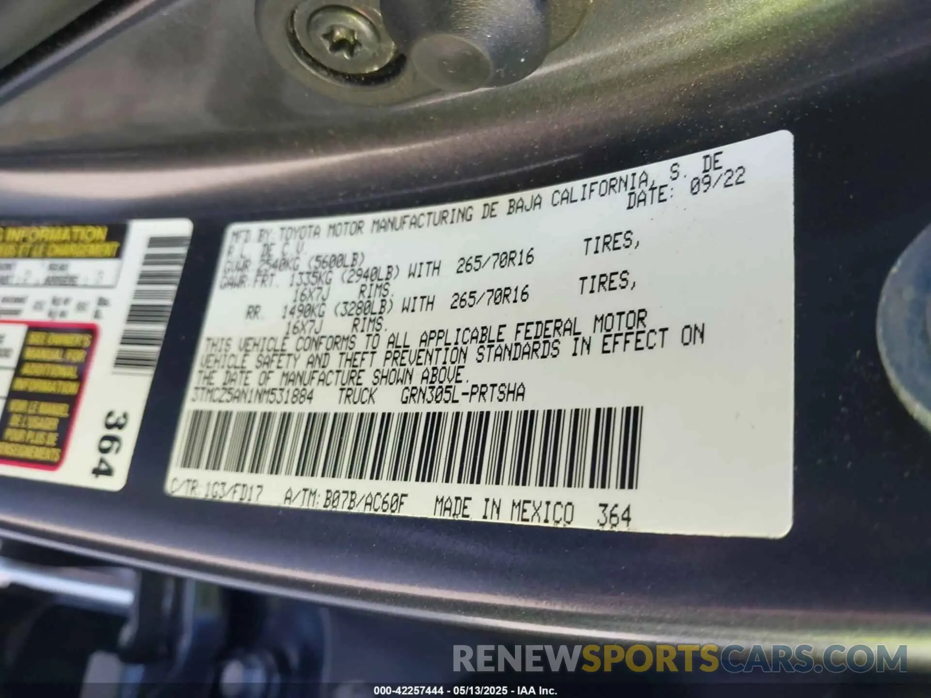 9 fotografías del automóvil dañado 3TMCZ5AN1NM531884 TOYOTA TACOMA 2022