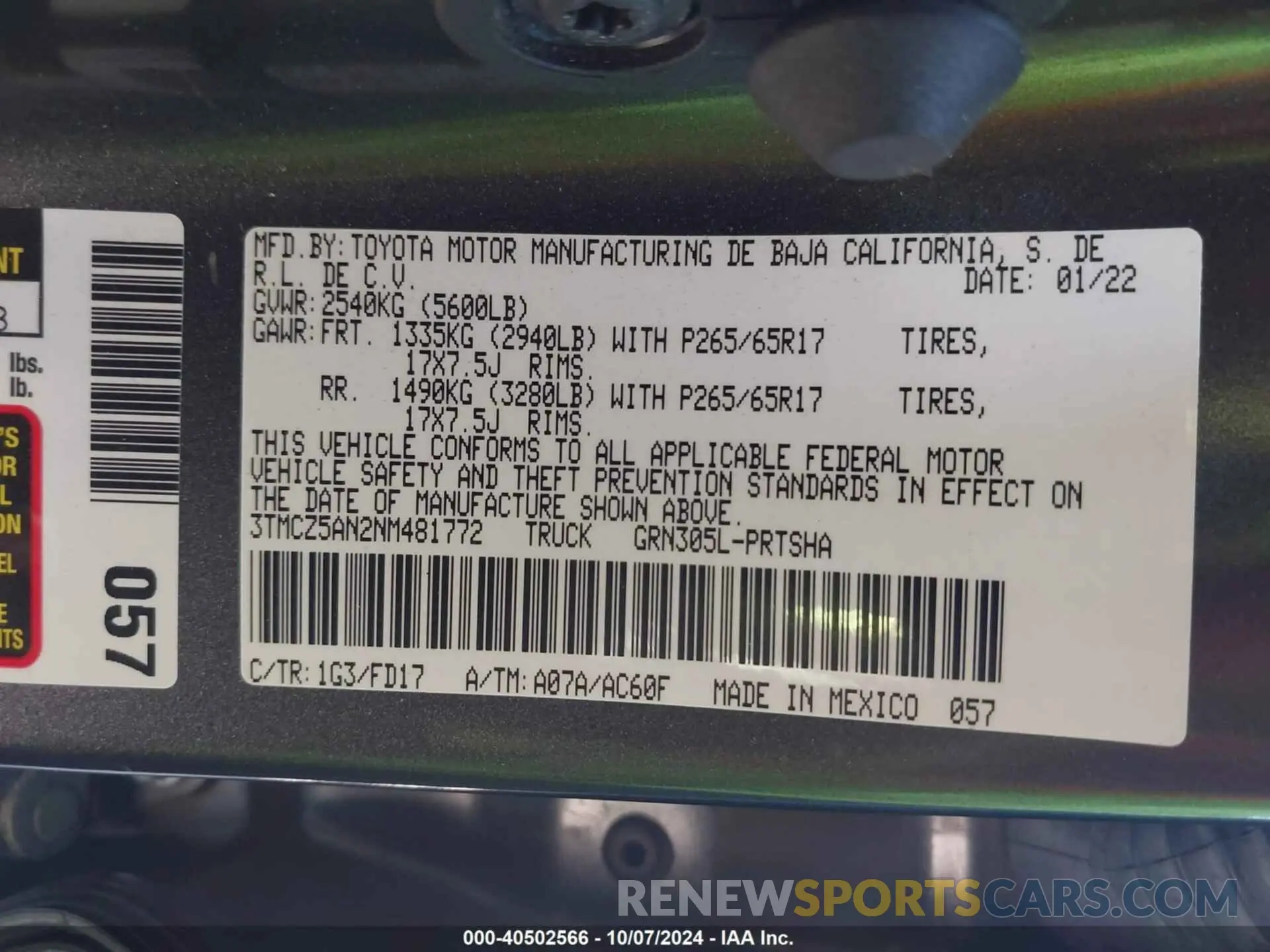 9 fotografías del automóvil dañado 3TMCZ5AN2NM481772 TOYOTA TACOMA 2022