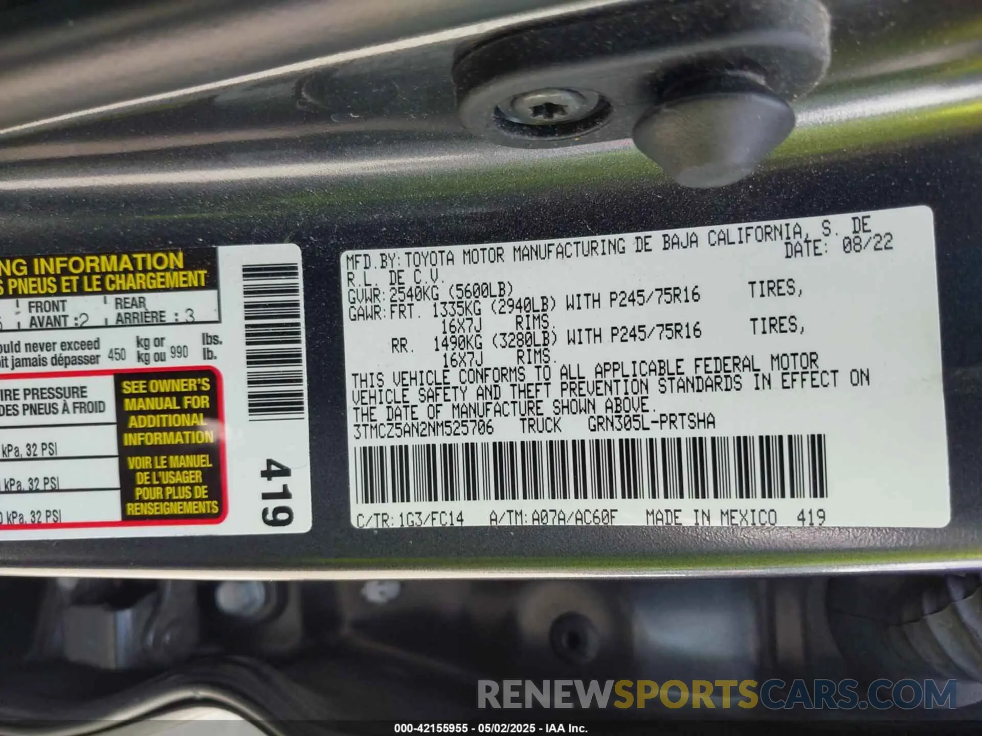 9 fotografías del automóvil dañado 3TMCZ5AN2NM525706 TOYOTA TACOMA 2022