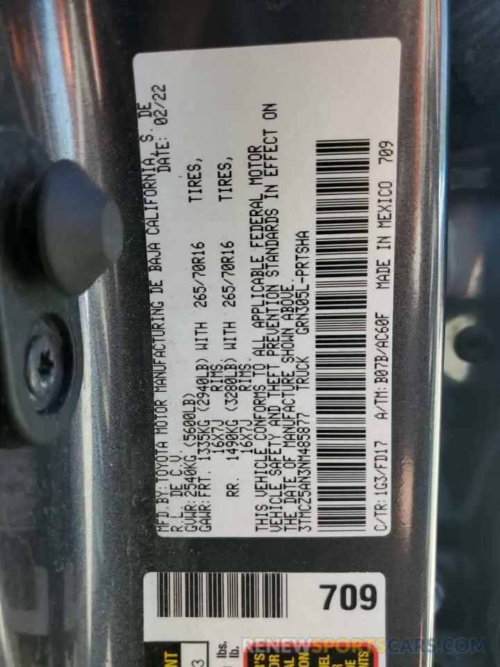 13 fotografías del automóvil dañado 3TMCZ5AN3NM485877 TOYOTA TACOMA 2022