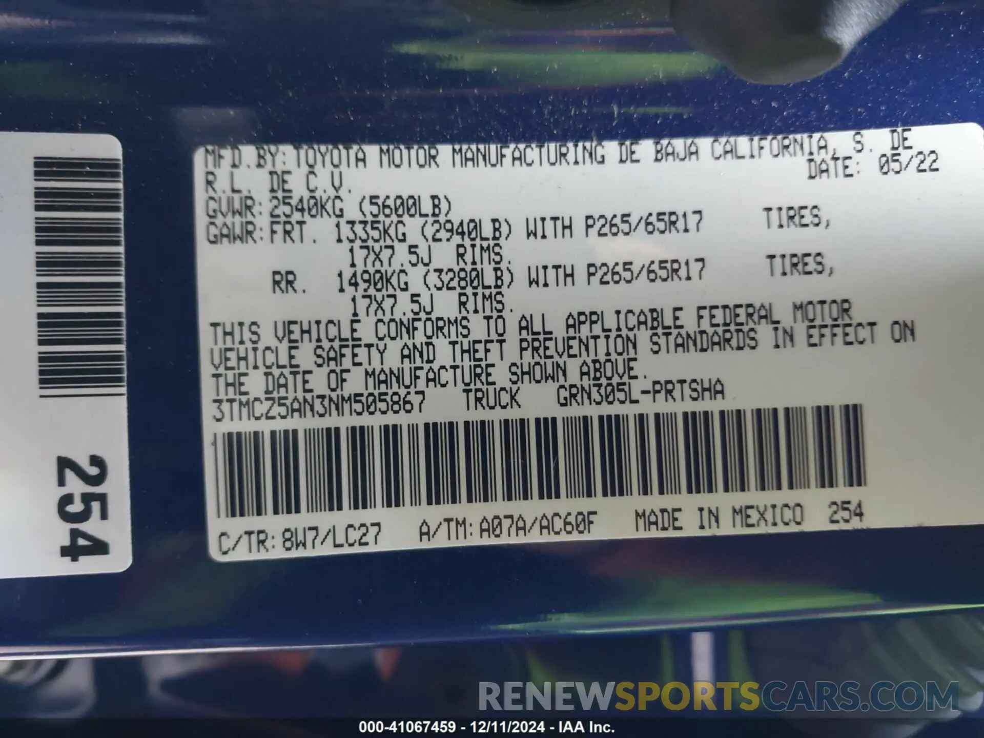 9 fotografías del automóvil dañado 3TMCZ5AN3NM505867 TOYOTA TACOMA 2022