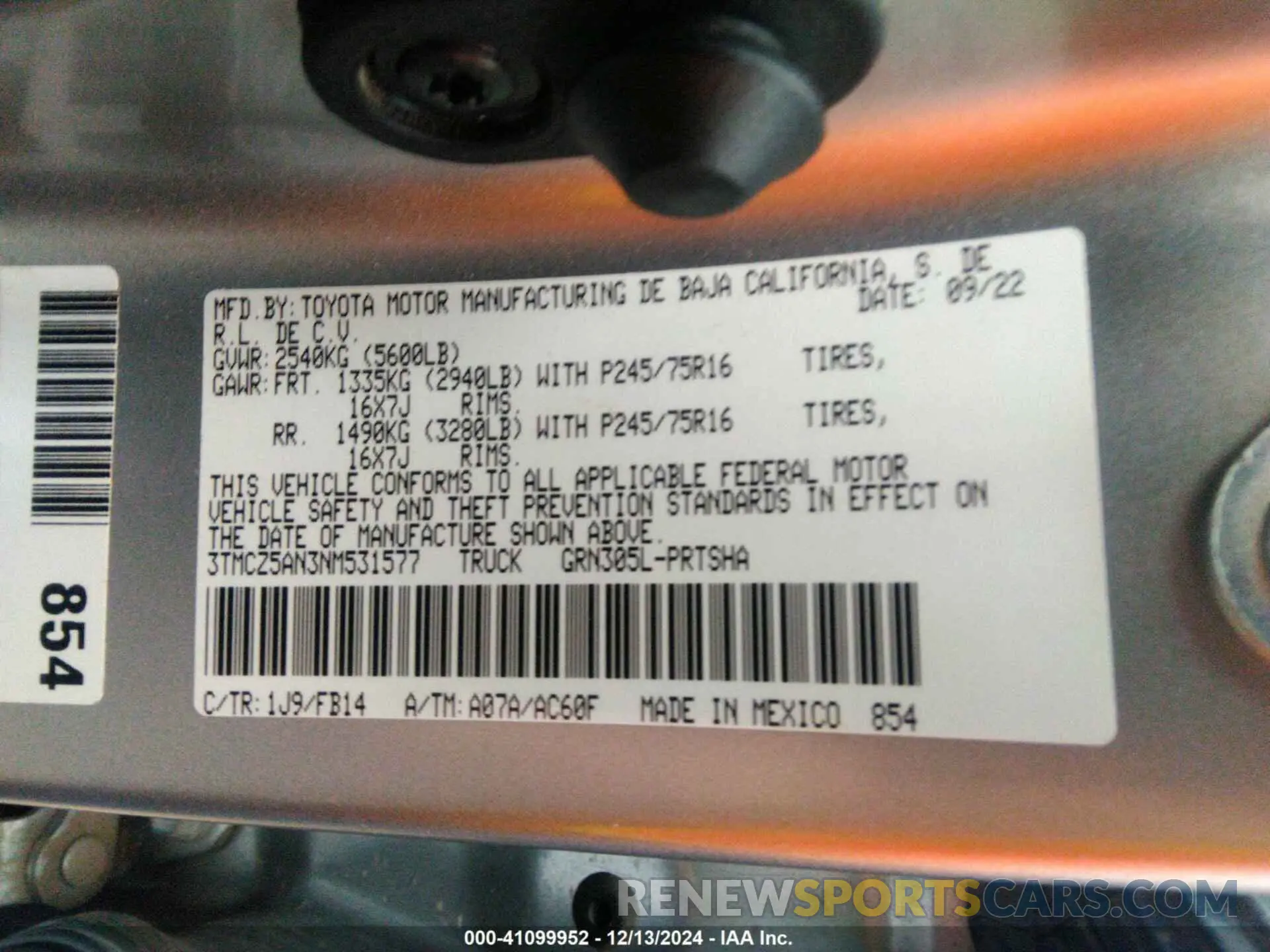 9 fotografías del automóvil dañado 3TMCZ5AN3NM531577 TOYOTA TACOMA 2022