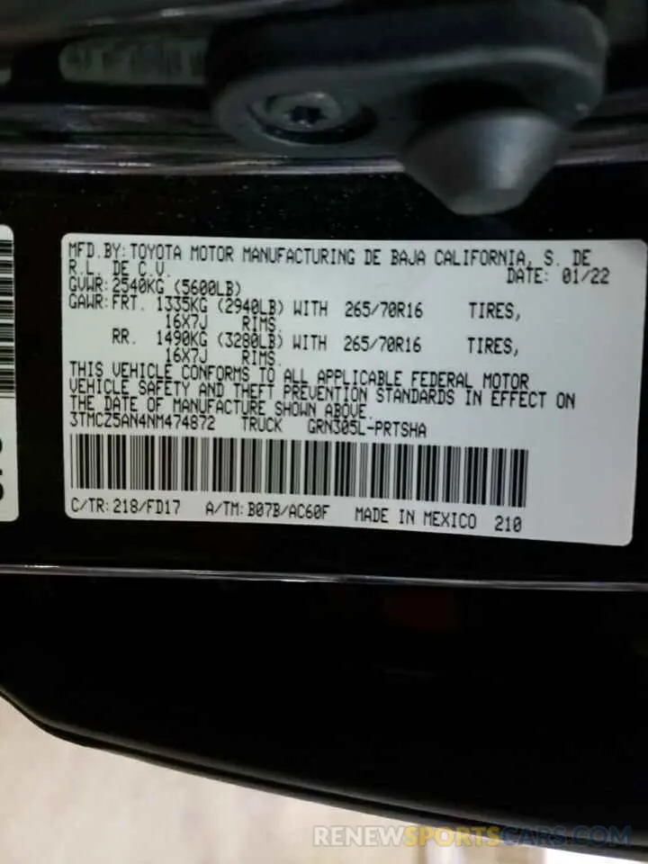 10 fotografías del automóvil dañado 3TMCZ5AN4NM474872 TOYOTA TACOMA 2022