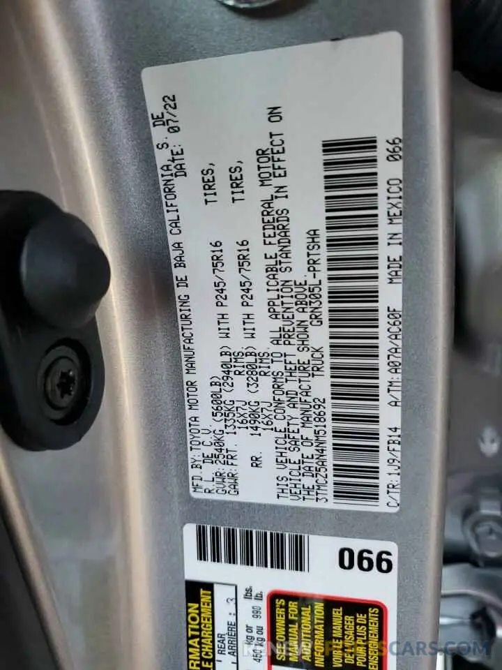 10 fotografías del automóvil dañado 3TMCZ5AN4NM518692 TOYOTA TACOMA 2022
