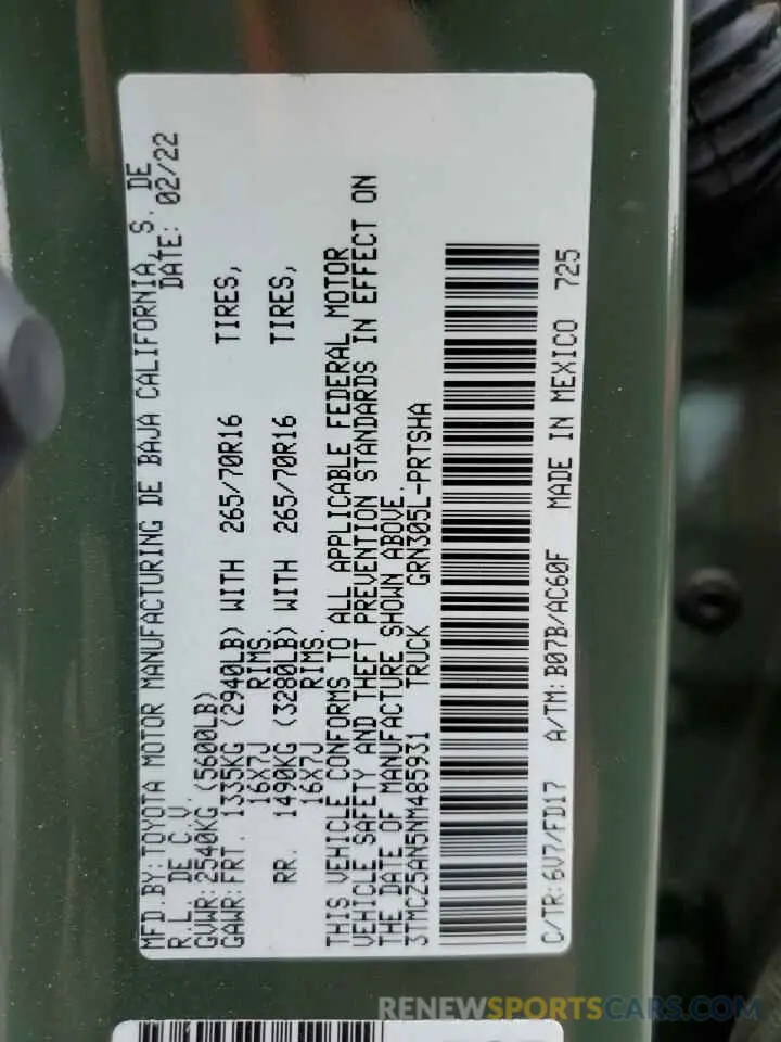 10 fotografías del automóvil dañado 3TMCZ5AN5NM485931 TOYOTA TACOMA 2022