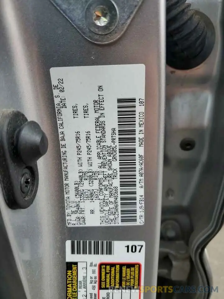 12 fotografías del automóvil dañado 3TMCZ5AN6NM483668 TOYOTA TACOMA 2022