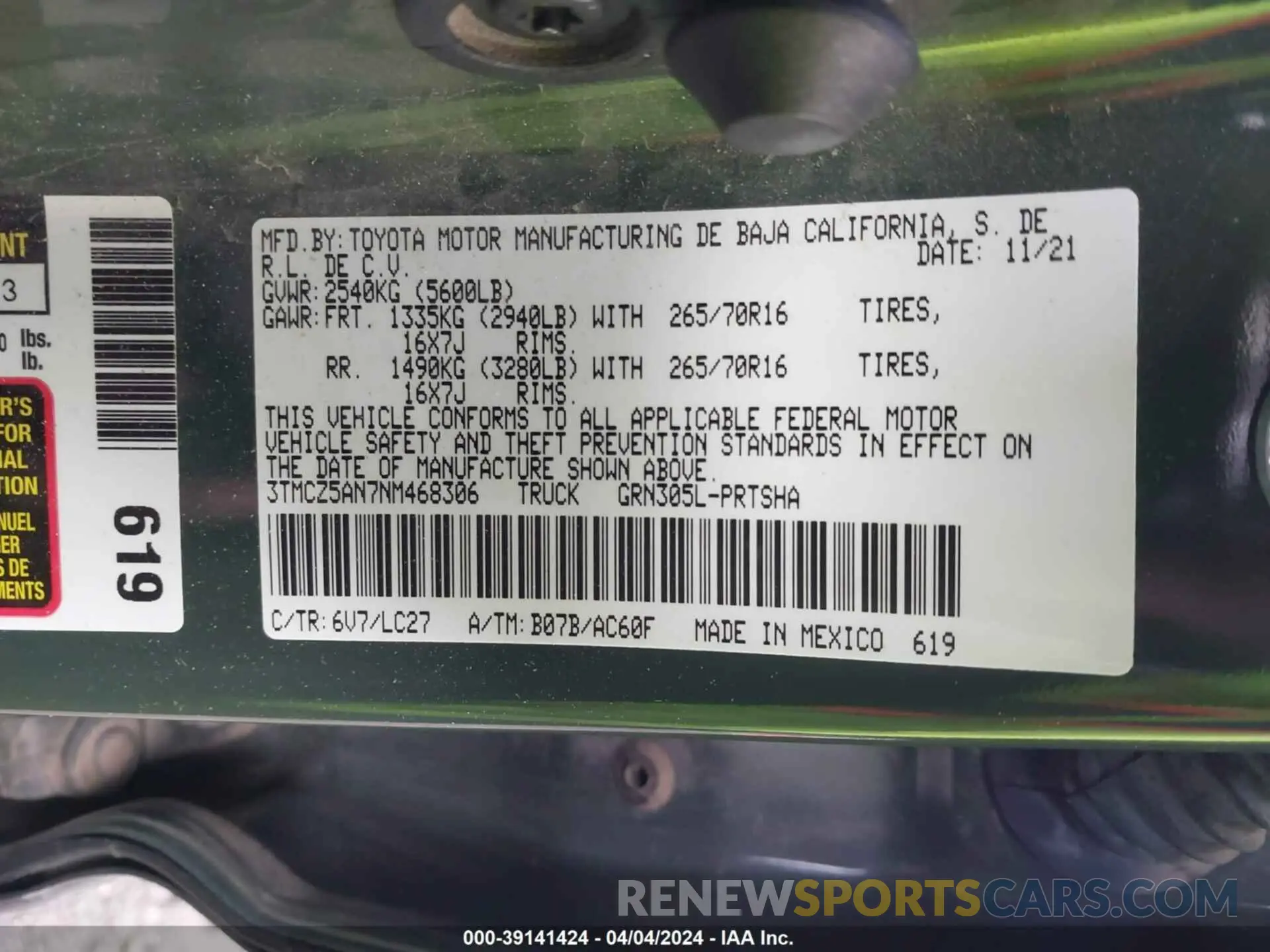 9 fotografías del automóvil dañado 3TMCZ5AN7NM468306 TOYOTA TACOMA 2022