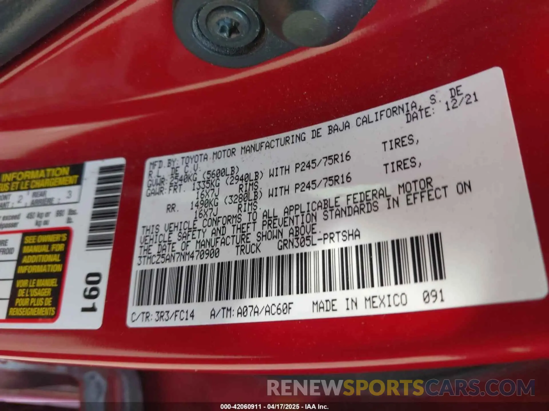 9 fotografías del automóvil dañado 3TMCZ5AN7NM470900 TOYOTA TACOMA 2022