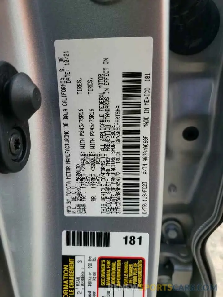 10 fotografías del automóvil dañado 3TMCZ5AN8NM454172 TOYOTA TACOMA 2022