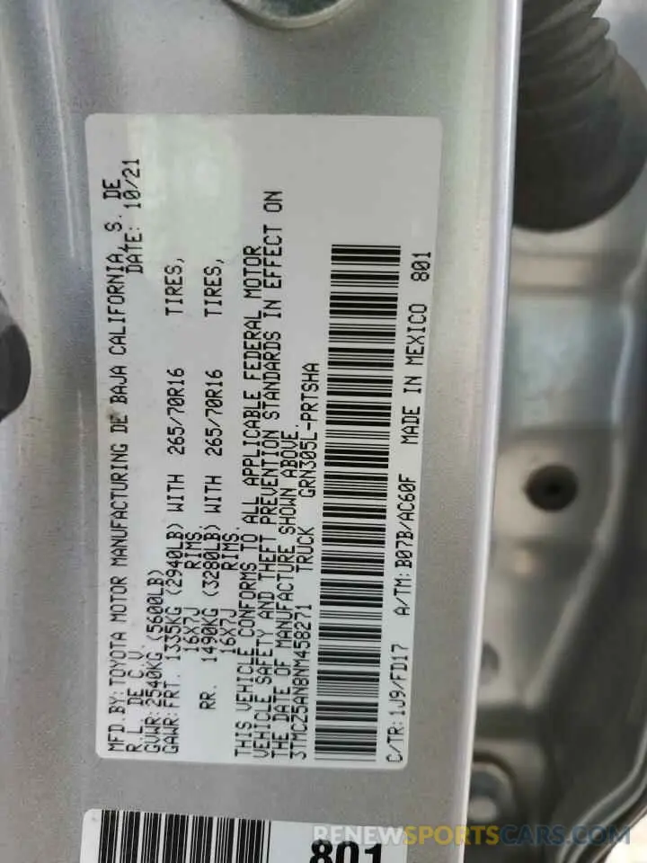 14 fotografías del automóvil dañado 3TMCZ5AN8NM458271 TOYOTA TACOMA 2022