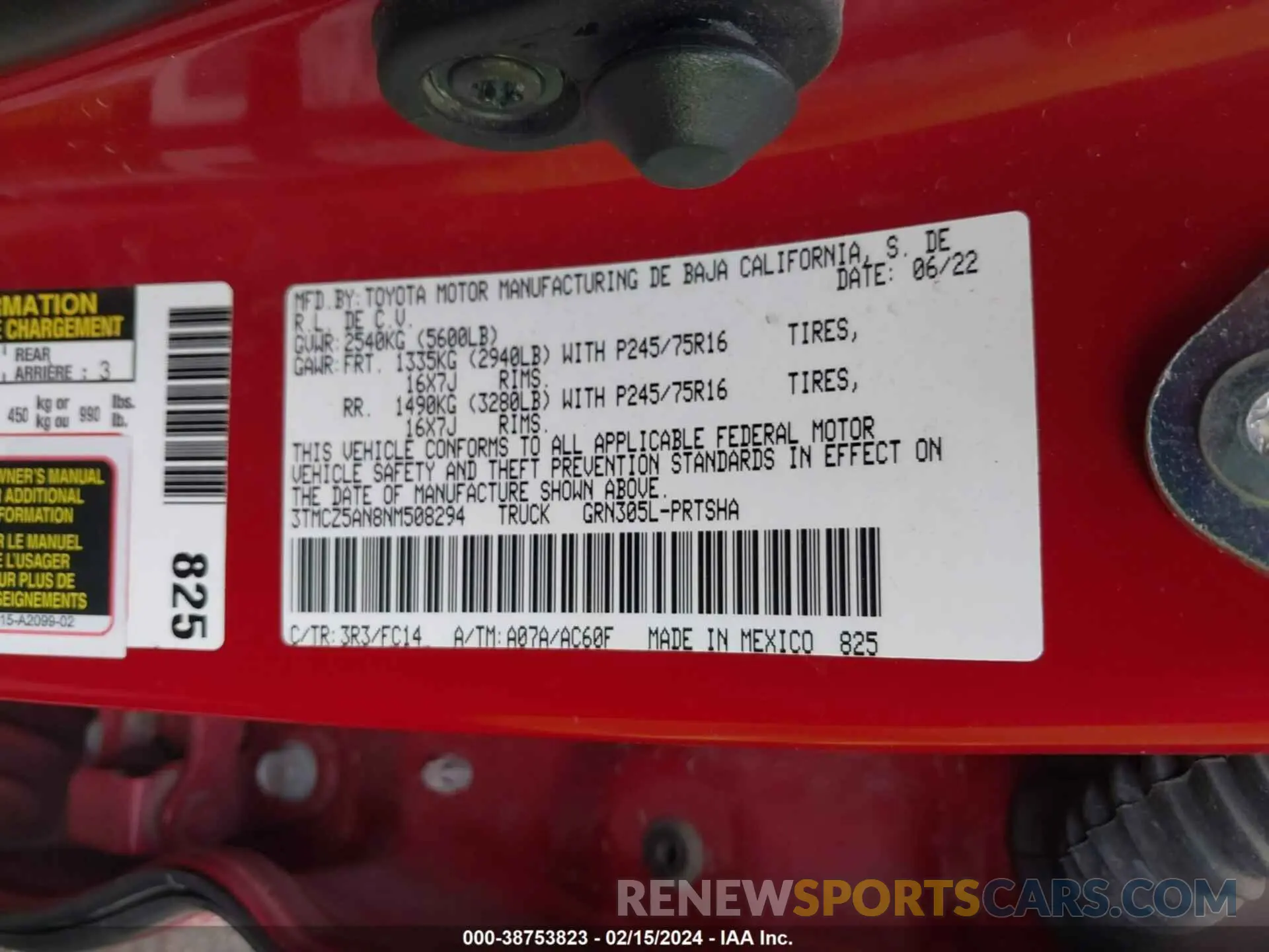 9 fotografías del automóvil dañado 3TMCZ5AN8NM508294 TOYOTA TACOMA 2022