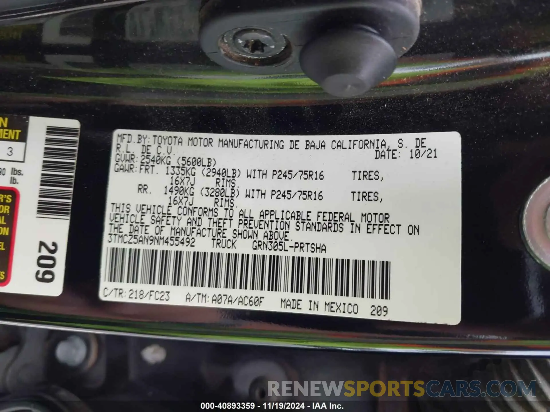 9 fotografías del automóvil dañado 3TMCZ5AN9NM455492 TOYOTA TACOMA 2022