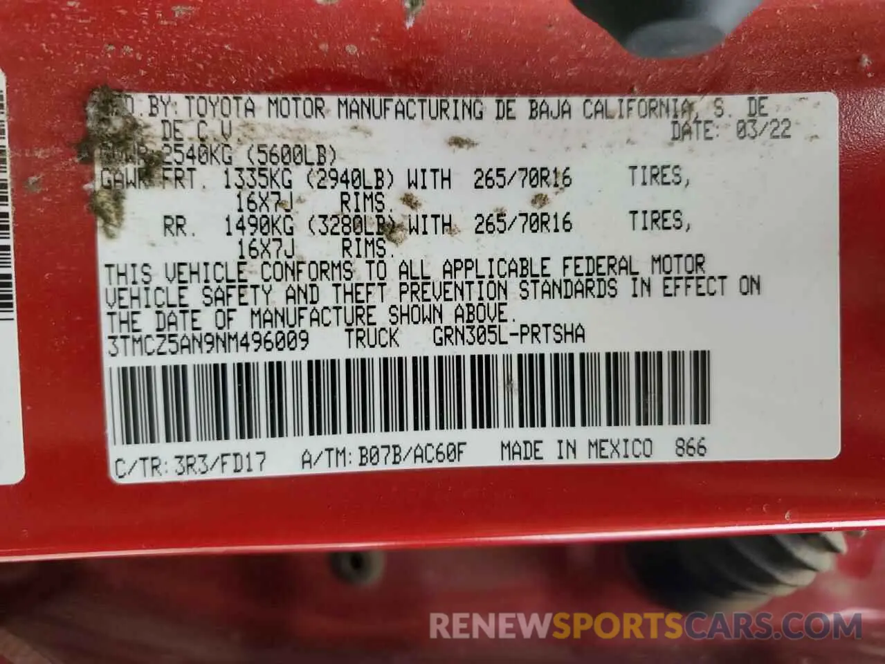 12 fotografías del automóvil dañado 3TMCZ5AN9NM496009 TOYOTA TACOMA 2022