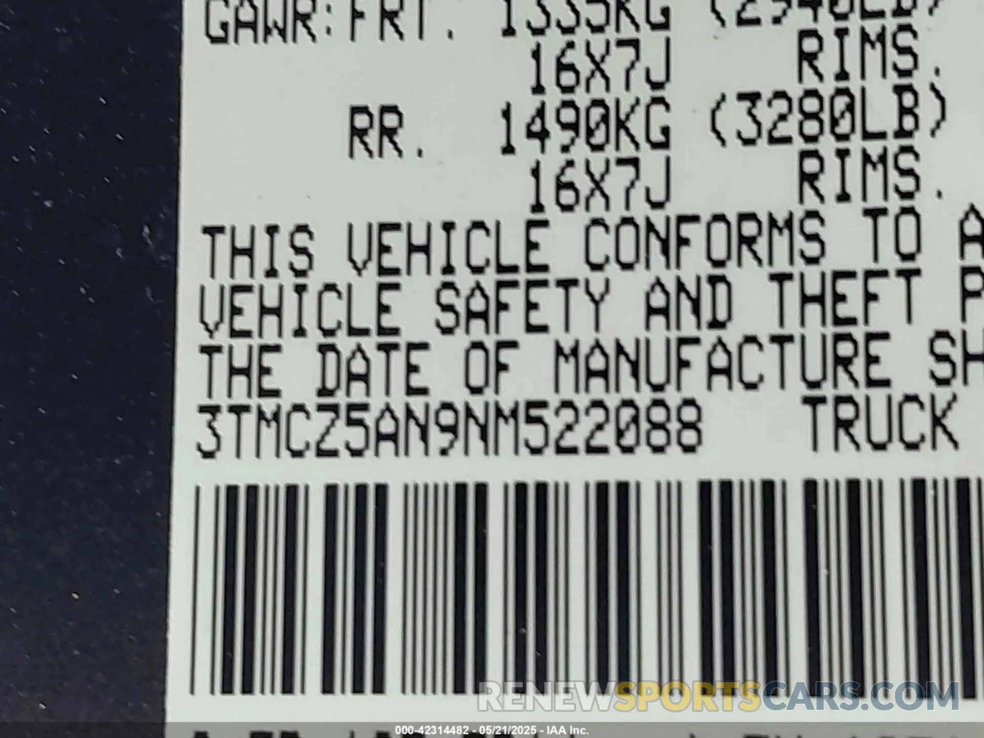 9 fotografías del automóvil dañado 3TMCZ5AN9NM522088 TOYOTA TACOMA 2022