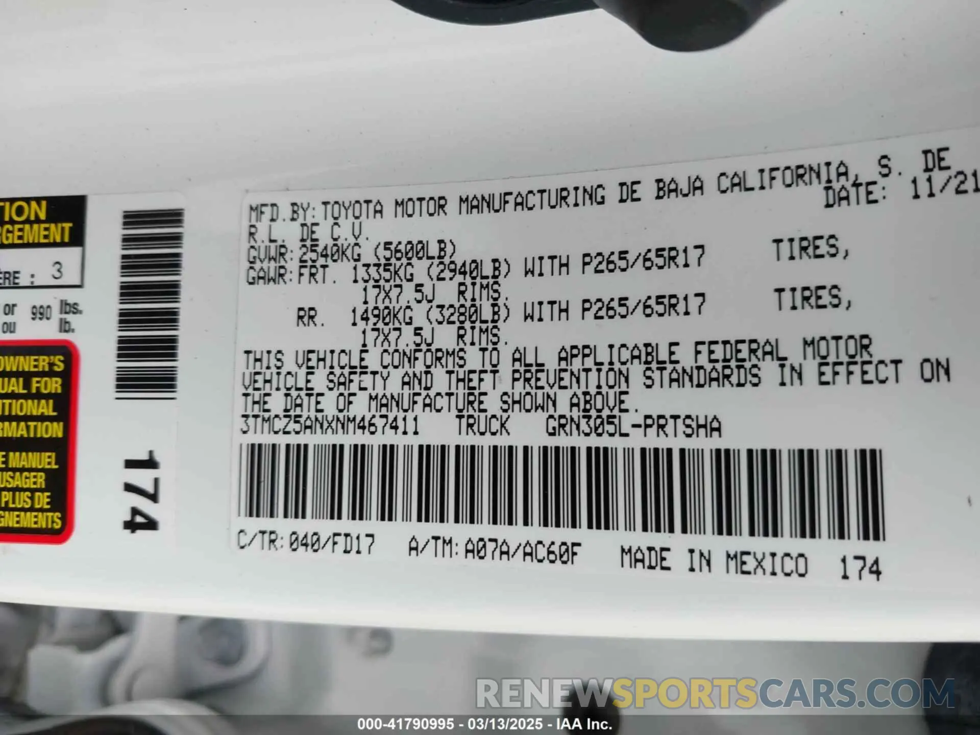 9 fotografías del automóvil dañado 3TMCZ5ANXNM467411 TOYOTA TACOMA 2022