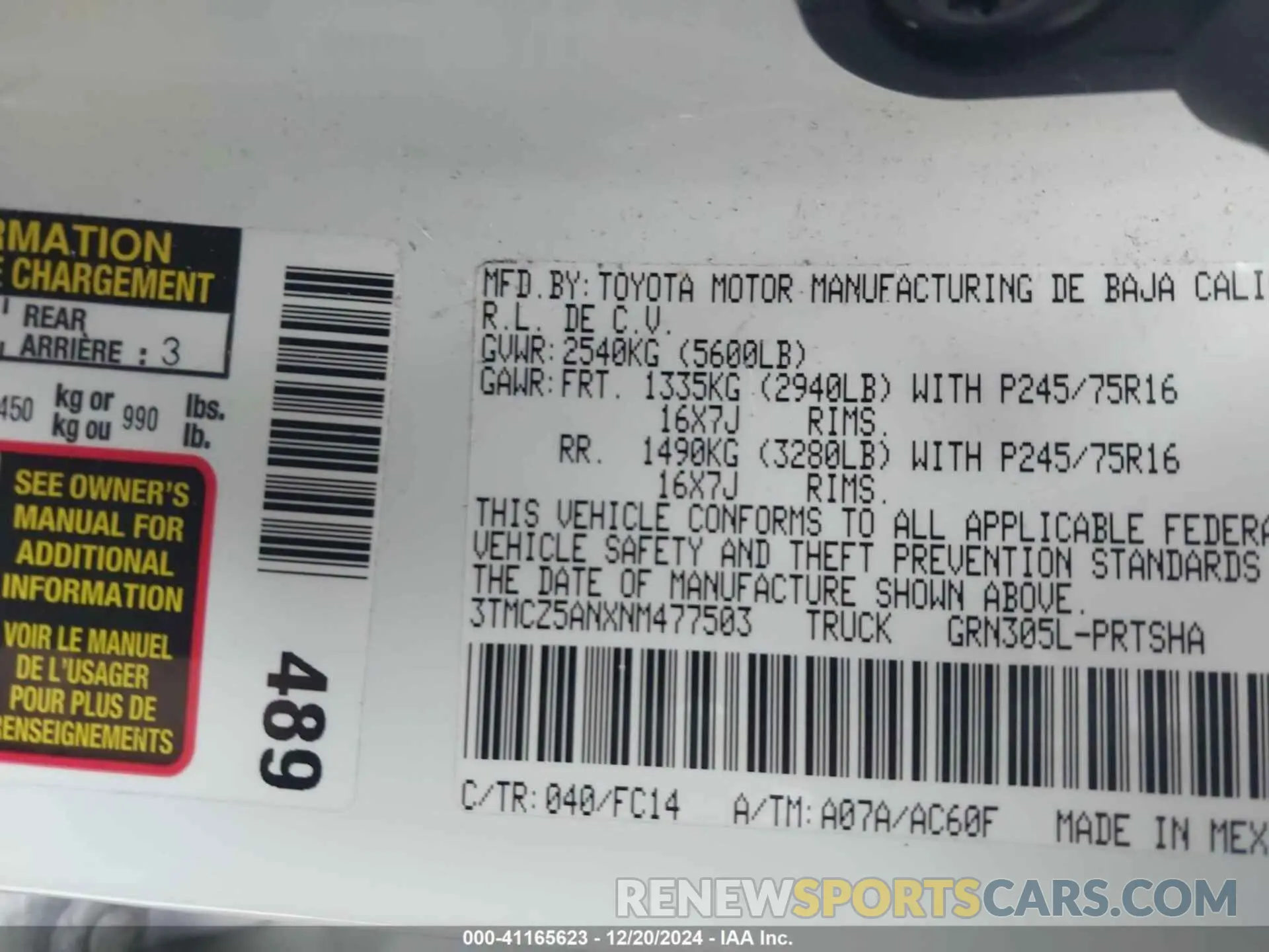 9 fotografías del automóvil dañado 3TMCZ5ANXNM477503 TOYOTA TACOMA 2022
