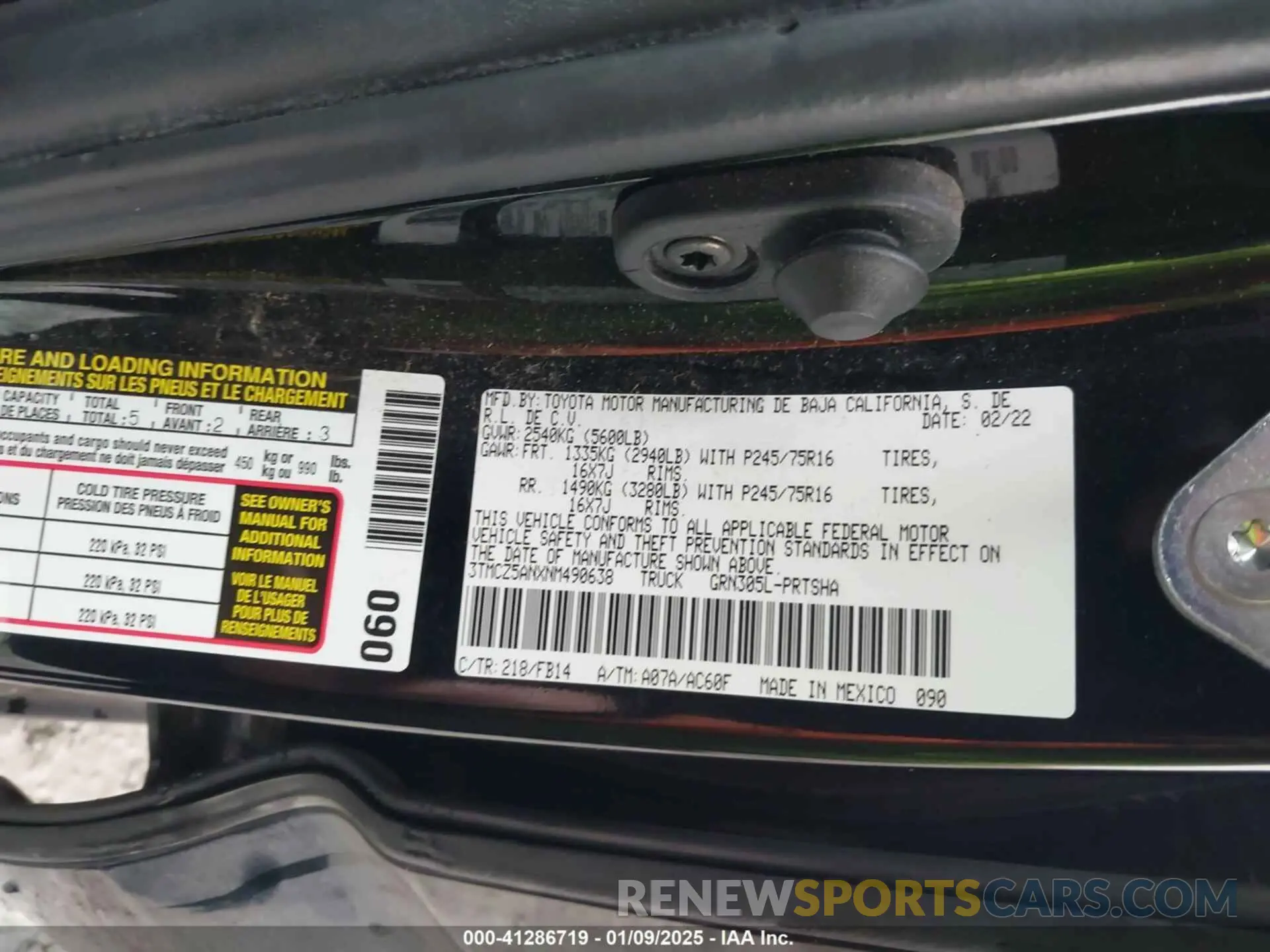 9 fotografías del automóvil dañado 3TMCZ5ANXNM490638 TOYOTA TACOMA 2022