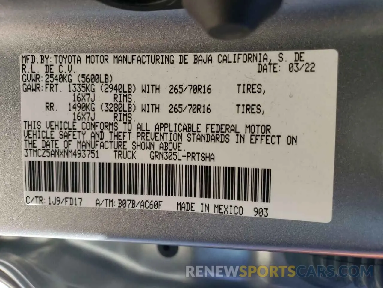 12 fotografías del automóvil dañado 3TMCZ5ANXNM493751 TOYOTA TACOMA 2022