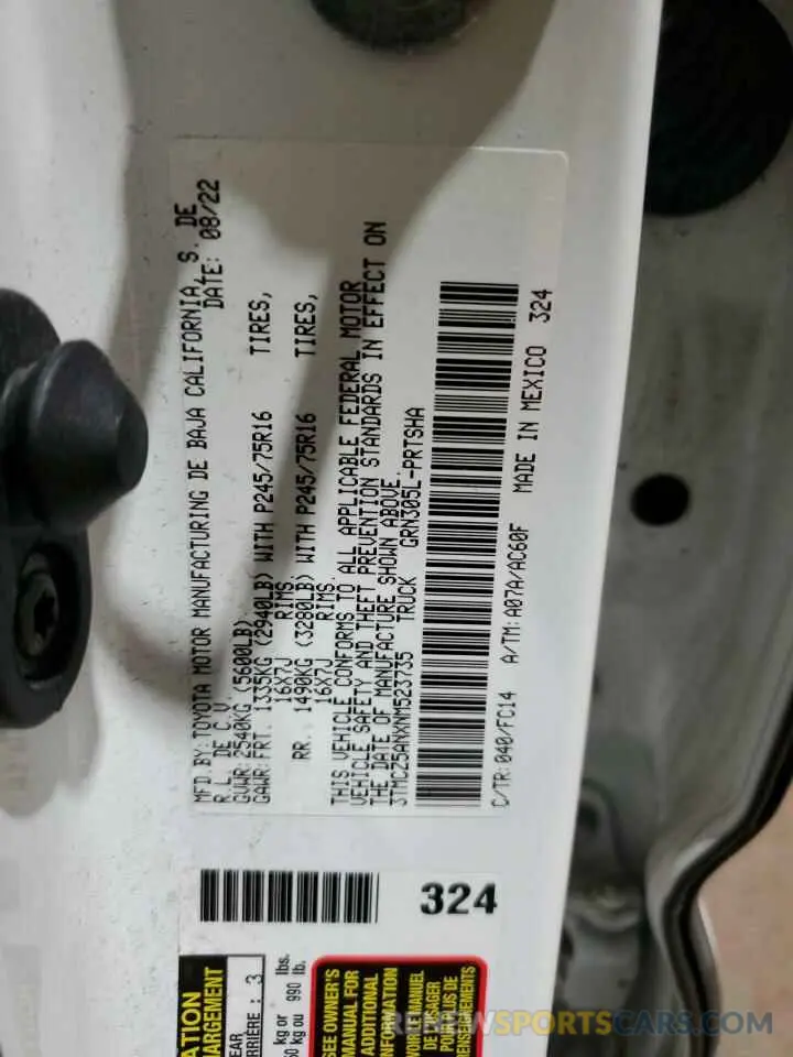 13 fotografías del automóvil dañado 3TMCZ5ANXNM523735 TOYOTA TACOMA 2022