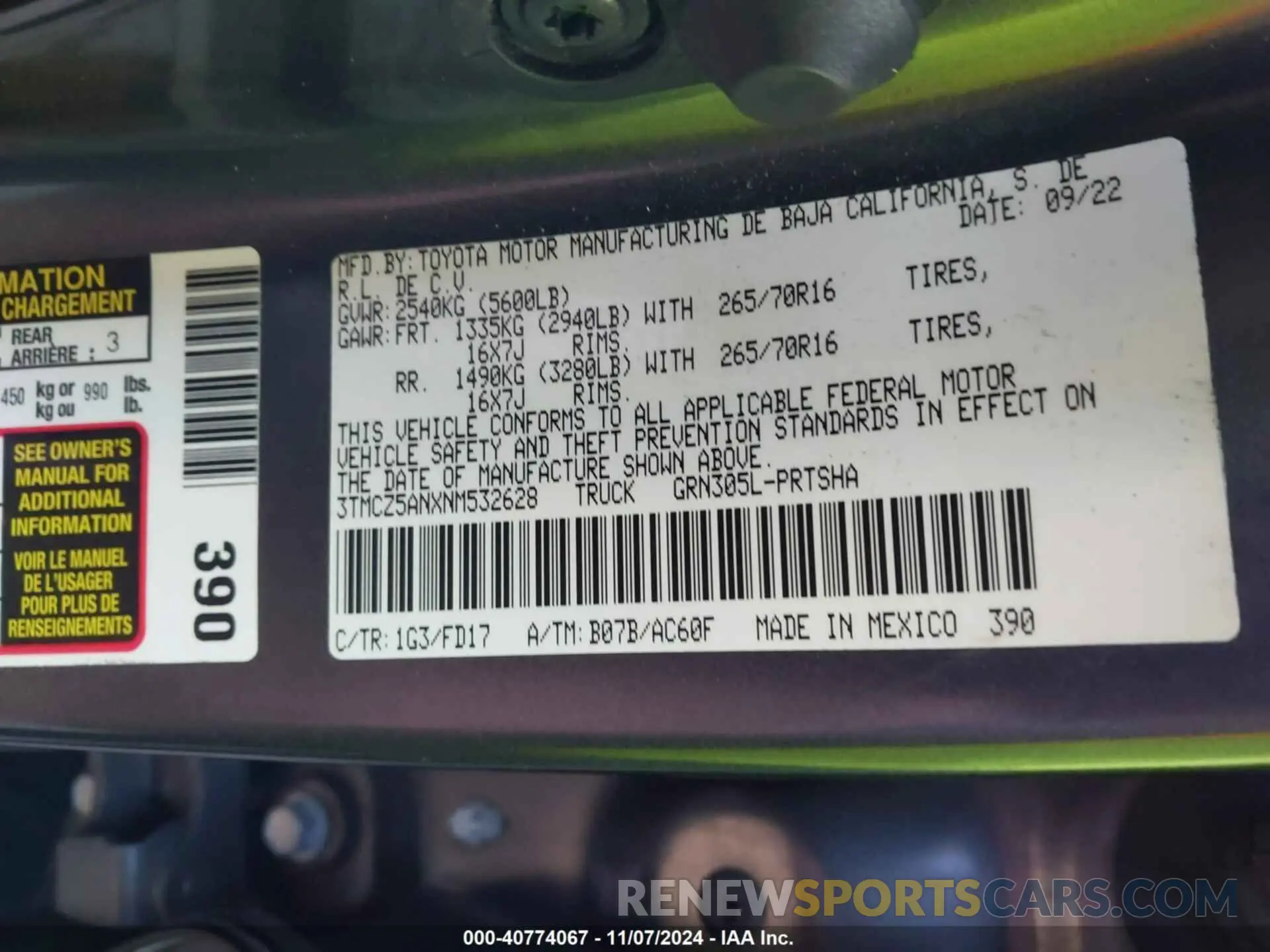 9 fotografías del automóvil dañado 3TMCZ5ANXNM532628 TOYOTA TACOMA 2022