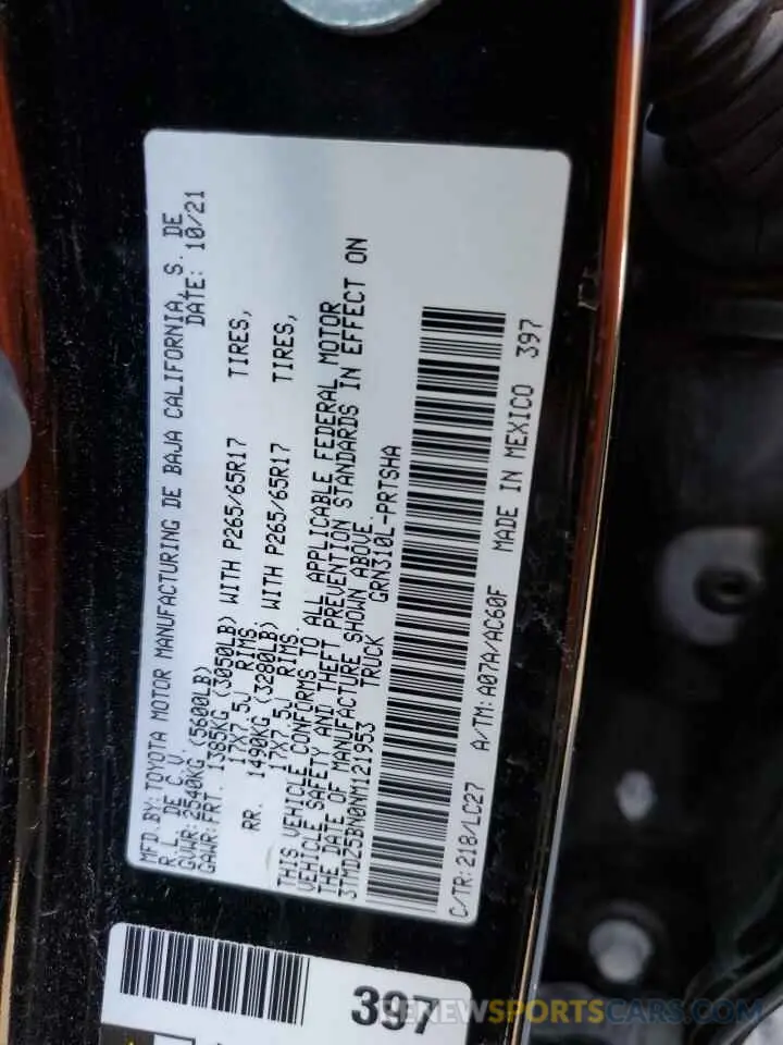 12 fotografías del automóvil dañado 3TMDZ5BN0NM121953 TOYOTA TACOMA 2022