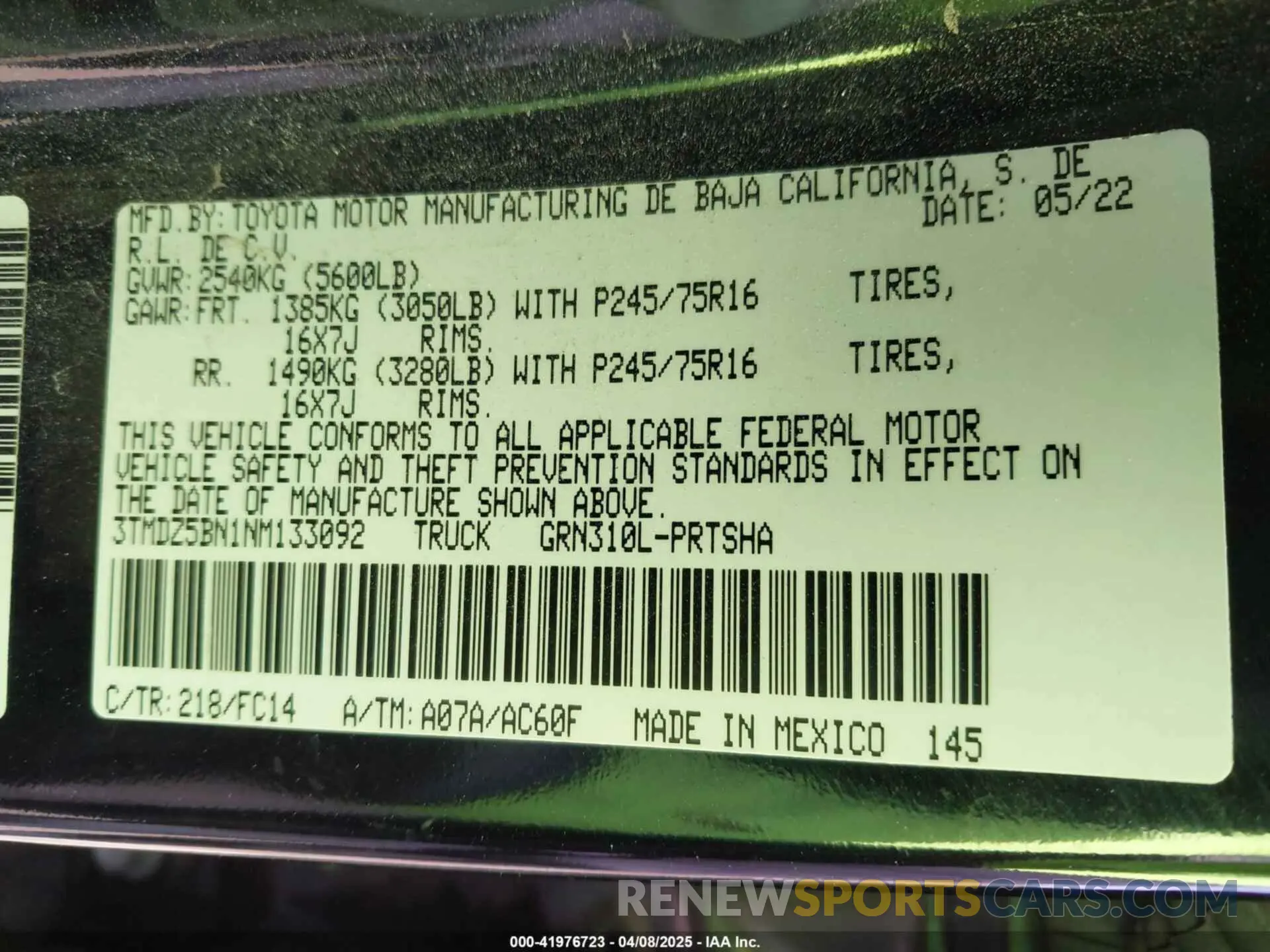 9 fotografías del automóvil dañado 3TMDZ5BN1NM133092 TOYOTA TACOMA 2022