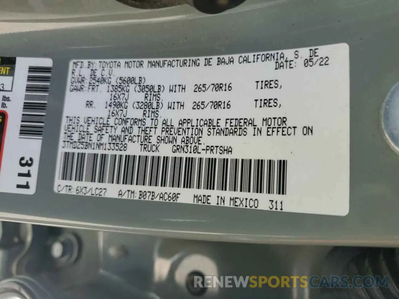 12 fotografías del automóvil dañado 3TMDZ5BN1NM133528 TOYOTA TACOMA 2022