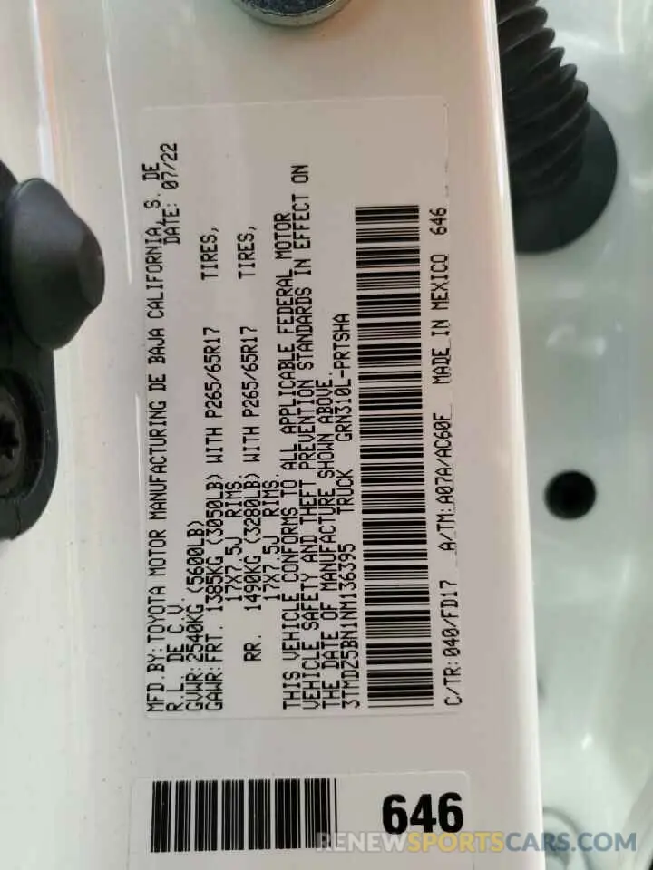 12 fotografías del automóvil dañado 3TMDZ5BN1NM136395 TOYOTA TACOMA 2022