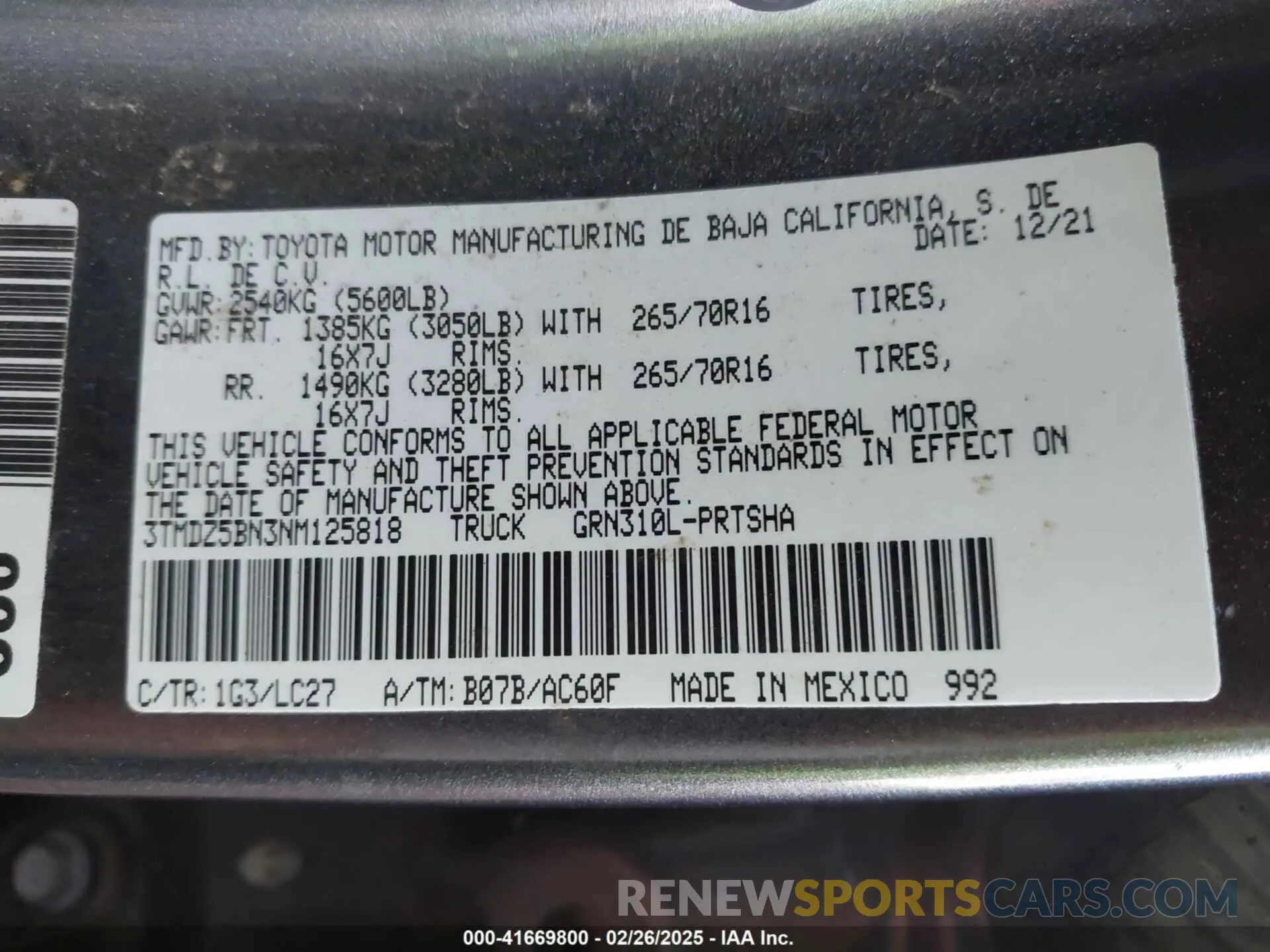 9 fotografías del automóvil dañado 3TMDZ5BN3NM125818 TOYOTA TACOMA 2022
